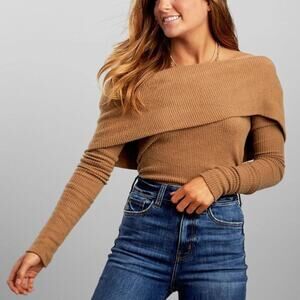 Free People Snowbunny Off The Shoulder Rib Knit Tan Sweater Top Size Small